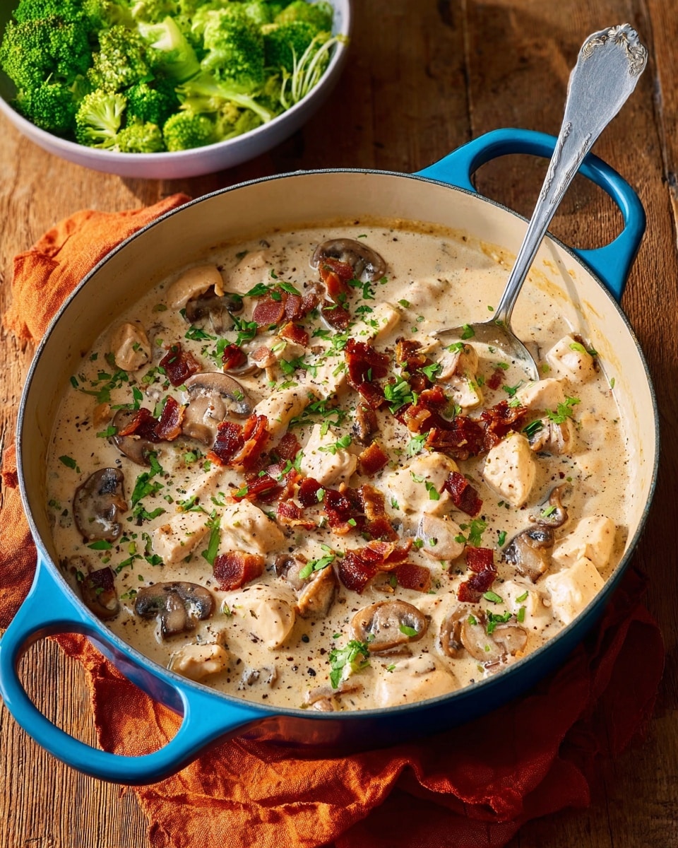 A blue pot filled with creamy light beige sauce holding several layers: diced light tan chicken chunks, whole brown mushrooms, and scattered small dark brown bacon pieces on top, all sprinkled with chopped green herbs and black pepper; a shiny silver spoon rests inside the pot scooping some of the sauce and ingredients; the pot is placed on a wooden table with an orange cloth draped partially over the handle; in the background, a white bowl filled with bright green salad with pieces of broccoli and lettuce sits on the wooden table. photo taken with an iphone --ar 4:5 --v 7