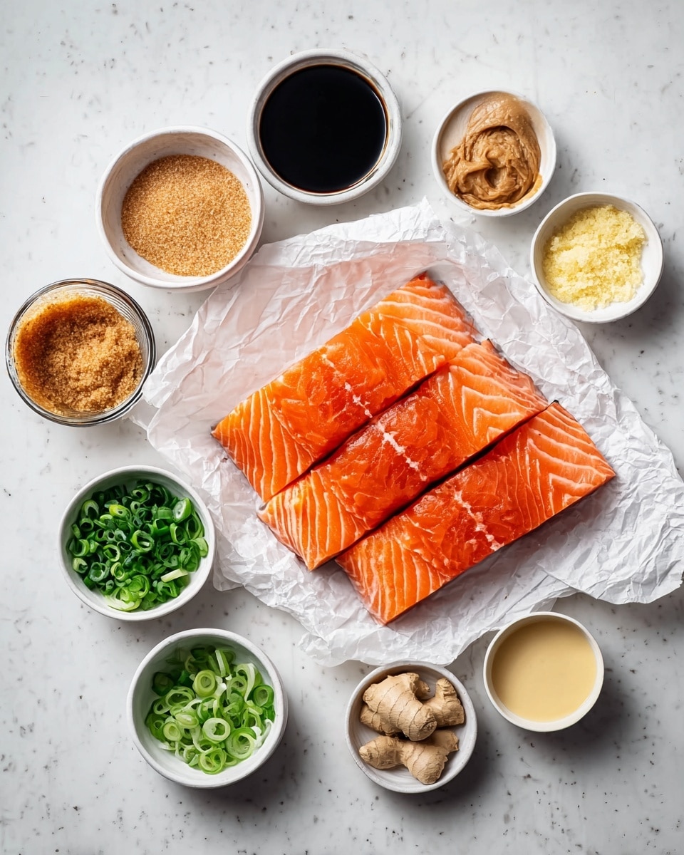 The image shows four raw salmon fillets with a bright orange color and white lines running through them, placed on crinkled white wax paper in the center of a white marbled surface. Surrounding the salmon are eight small white bowls arranged in a loose circle. Each bowl holds different ingredients: one contains brown sugar with a grainy texture, another has grated ginger with a pale yellow color, a third shows thick brown miso paste, a fourth has dark soy sauce, the fifth holds light-colored rice vinegar, the sixth contains thinly sliced green onions, the seventh has light beige ground ginger, and the eighth bowl contains a pale creamy liquid. The setup is neat and organized, with all elements clearly visible. Photo taken with an iphone --ar 4:5 --v 7