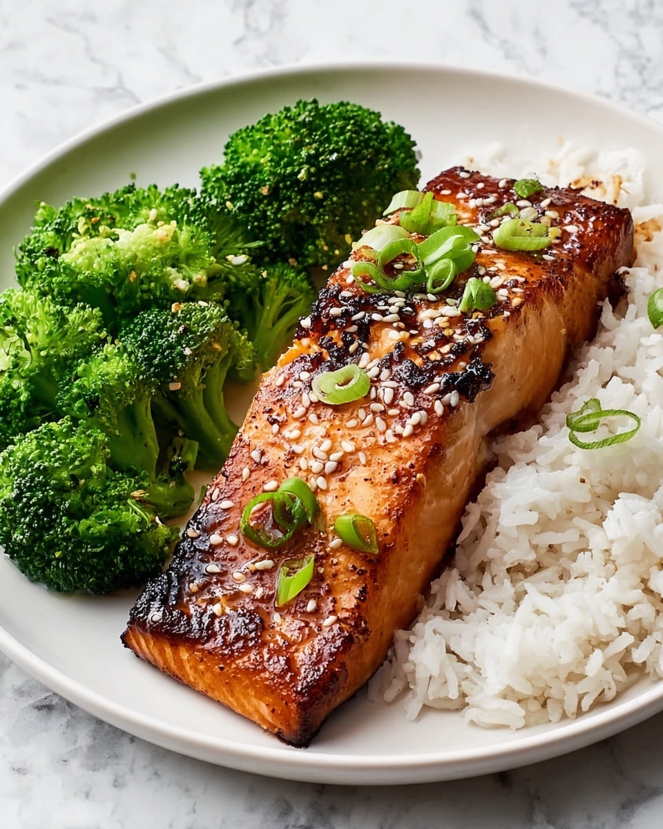 A grilled salmon fillet with a shiny, dark orange glaze sits centered on a white plate, topped with light sesame seeds and thin green onion slices. To the upper right of the salmon is a mound of white rice with soft, separate grains. Behind the salmon, on the top left, are three bright green broccoli florets with textured surfaces. A few extra green onion slices and sesame seeds scatter around the salmon on the plate. The plate rests on a white marbled surface. Photo taken with an iphone --ar 4:5 --v 7