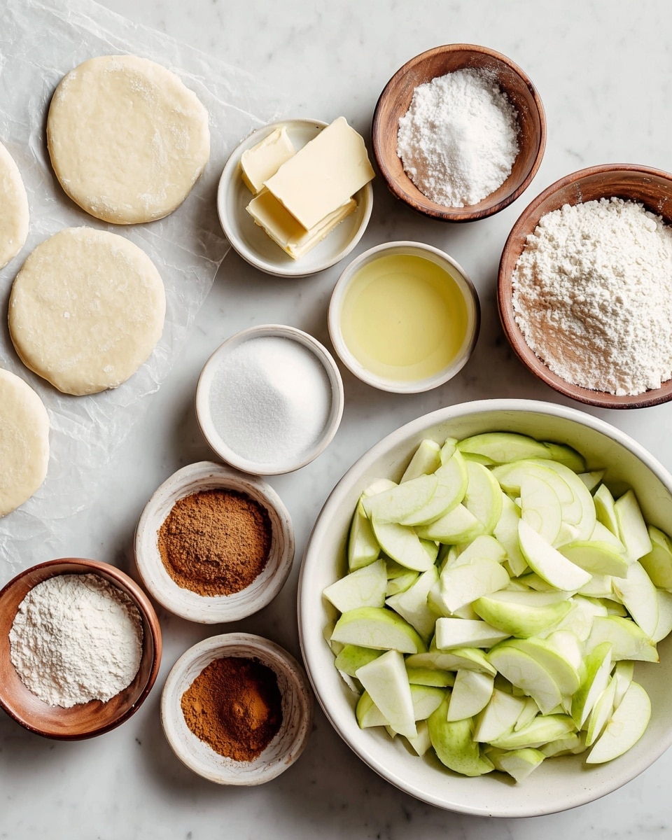 Two round dough discs rest on white parchment paper on the left side of the image. In the middle, there are seven small white or wooden bowls arranged in three rows: a bowl of clear liquid, a wooden bowl with white flour, a white bowl with two slabs of butter, a white bowl with white granulated sugar, a white bowl with beaten eggs, a white bowl with ground cinnamon, and a white bowl with brown sugar. On the right, a large white bowl is filled with many pale green sliced apple pieces. All items are placed on a white marbled surface. Photo taken with an iphone --ar 4:5 --v 7