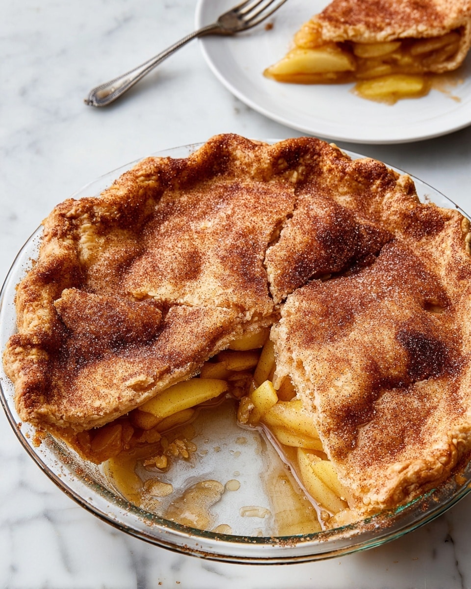 A round apple pie with a thick, golden brown crust dusted with cinnamon sugar on top, showing some puffed and uneven texture, on a clear glass pie tray; a large wedge is missing from the pie, revealing soft, sliced yellow apple layers inside with syrupy juices pooling around; in the background, a white plate with a single slice of pie that has visible apple slices inside and a silver fork resting on the side; all set on a white marbled surface photo taken with an iphone --ar 4:5 --v 7