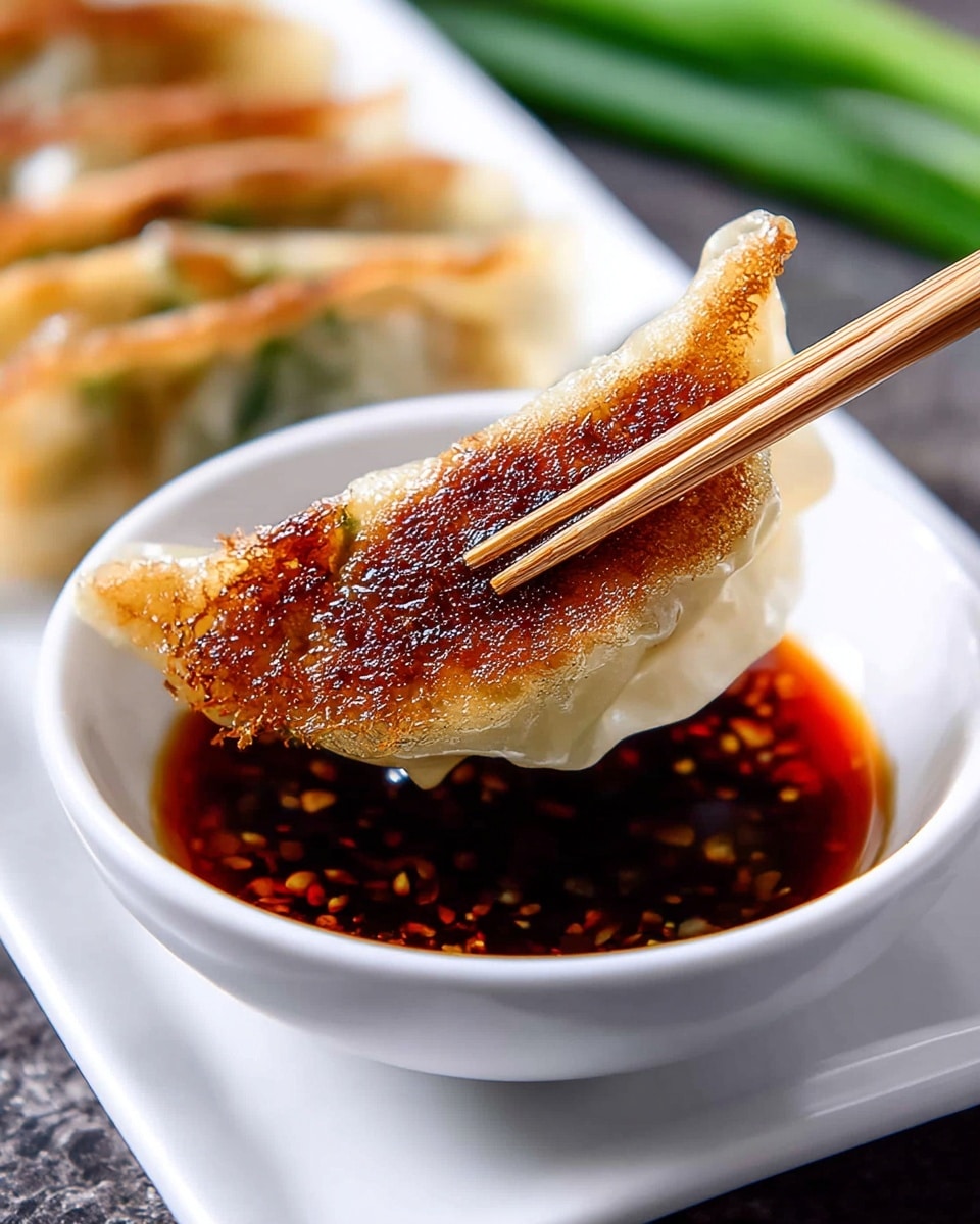 A single golden-brown dumpling with a crispy, browned bottom and soft, slightly translucent edges is held by light brown chopsticks dipping into a white bowl filled with dark reddish-brown soy sauce. In the background, more dumplings are lined up on a white plate, resting on a white marbled surface with blurred green onion stalks nearby. The photo is close-up, showing the texture of the dumpling's crispy side and the shiny sauce. Photo taken with an iphone --ar 4:5 --v 7
