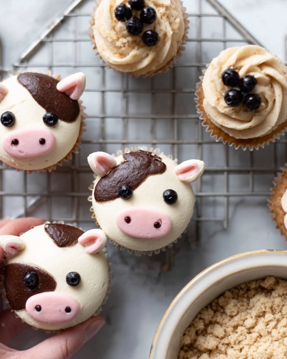 The image shows cupcakes decorated to look like cows, each with a smooth white frosting base and dark brown patches made of chocolate, arranged randomly on the frosting to imitate the cow's pattern. Each cupcake has a pink fondant snout with two small dark nostrils and two small dark eyes placed above it. Other cupcakes are topped with light brown cream and dark berries on top. They all sit on a wire rack above a white marbled surface, with part of a white bowl filled with a crumbly beige mixture visible on the side. A woman's hand holds one cupcake delicately. Photo taken with an iphone --ar 4:5 --v 7