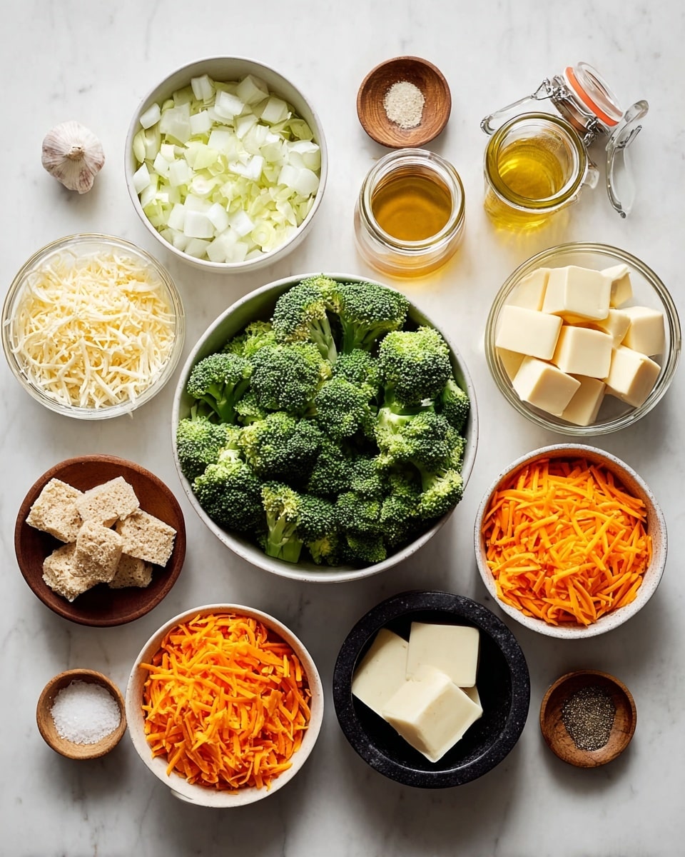 A top-down view of various cooking ingredients arranged neatly on a white marbled surface. In the center is a large bowl filled with bright green broccoli florets. Surrounding it are smaller white bowls holding diced white onions, shredded orange cheddar cheese, and grated white cheese. Nearby, a bowl contains rough bread pieces, and another holds shredded orange carrots. There is a small dark plate with four cubes of butter, a small white bowl of flour, a small wooden dish of black pepper, and a black stone bowl with salt. Additionally, a jar of golden liquid and a jar of white liquid are present, along with two small bowls containing minced garlic and powdered spices. The photo was taken with an iphone --ar 4:5 --v 7