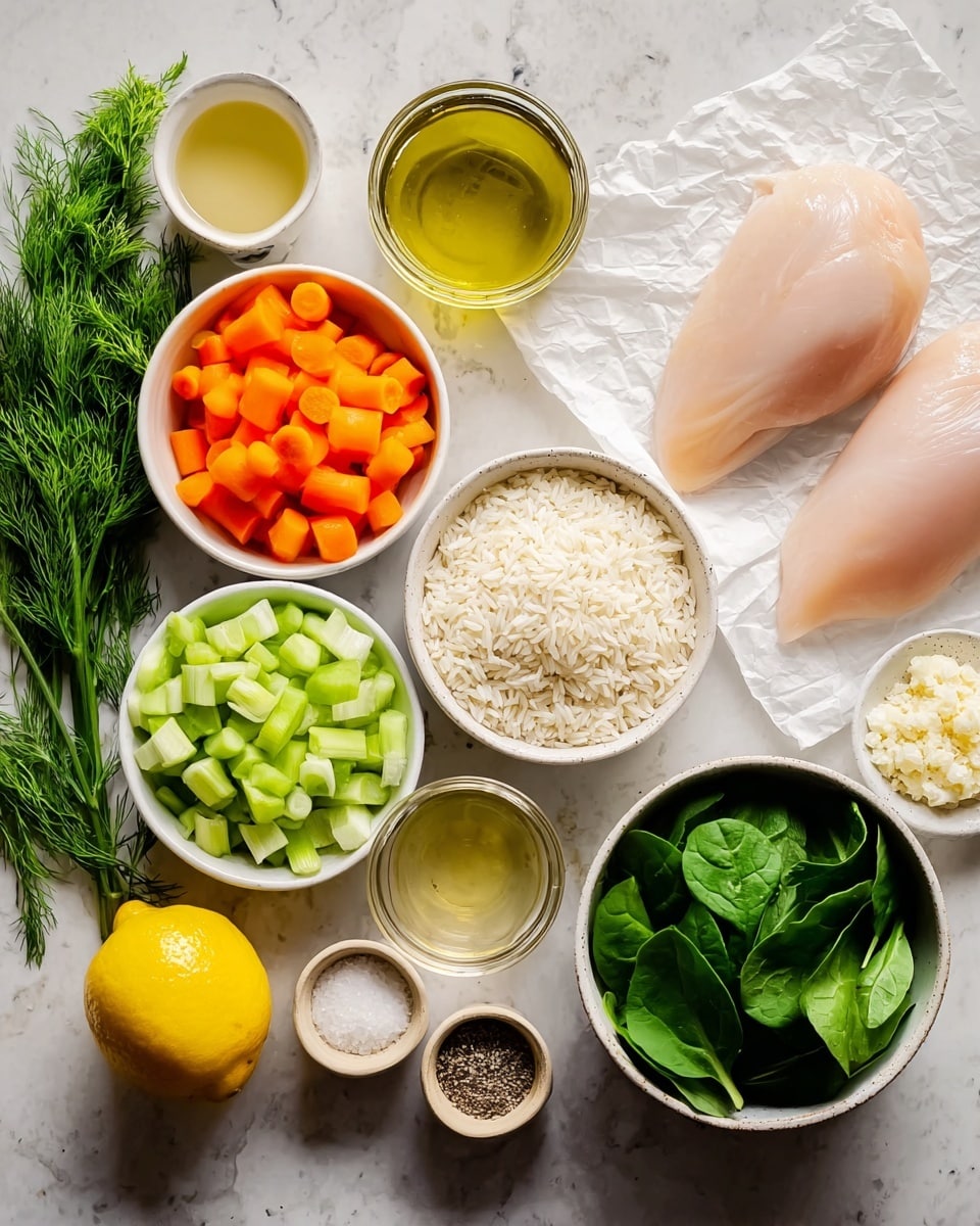 The image shows an overhead view of various fresh ingredients neatly arranged on a white marbled surface. There are two light pink chicken breasts on white parchment paper in the top right corner. To the left of the chicken, small white bowls hold sliced bright orange carrots, chopped celery in a light green shade, and diced white onions. A center bowl contains uncooked white rice. Surrounding the bowls, there are fresh green spinach leaves and dill sprigs on the left bottom side. A whole yellow lemon sits near the greens. Small jars and bowls in soft beige or light colors contain golden oil, light yellow lemon juice, minced white garlic, and a small bowl with salt and black pepper. The overall layout is clean and colorful with natural textures, photo taken with an iphone --ar 4:5 --v 7
