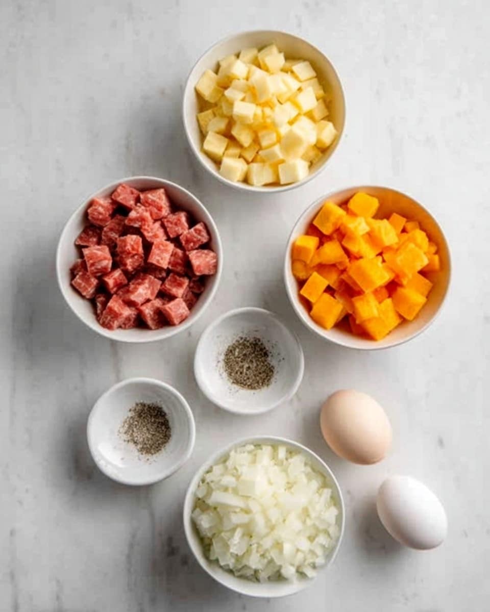 The image shows small white bowls on a white marbled surface arranged in a loose circle. There are six bowls: one contains small red cubes of meat, another has pale yellow cubes of cheese, a third holds small orange cubes of a vegetable, possibly squash or pumpkin. A smaller bowl contains finely chopped white onions. There is one egg placed directly on the surface and two small piles of seasoning, one of black pepper and the other of salt, each in a small white bowl. The overall scene is simple and clean with a focus on these ingredients ready for cooking. photo taken with an iphone --ar 4:5 --v 7