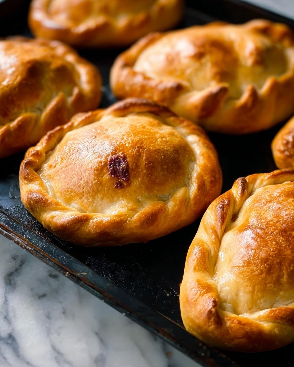 The image shows several baked pastries on a black baking tray placed on a white marbled surface. Each pastry is golden brown with a slightly shiny, crisp crust. The edges are braided or pinched, creating a textured border all around. One pastry has a small browned spot on the top, adding some color variation. The pastries have a thick, curved shape and look puffy with a smooth surface. Photo taken with an iphone --ar 4:5 --v 7