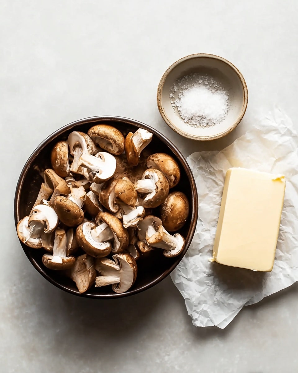 A top view of a dark bowl filled with brown mushrooms, each mushroom is halved showing the white interior and gills, with some whole mushrooms mixed in. Next to the bowl on a white marbled surface, a small round white bowl is filled with salt, and a block of pale yellow butter sits on a piece of white parchment paper. The setup is simple and clean, capturing the natural colors and textures of mushrooms, salt, and butter. Photo taken with an iphone --ar 4:5 --v 7