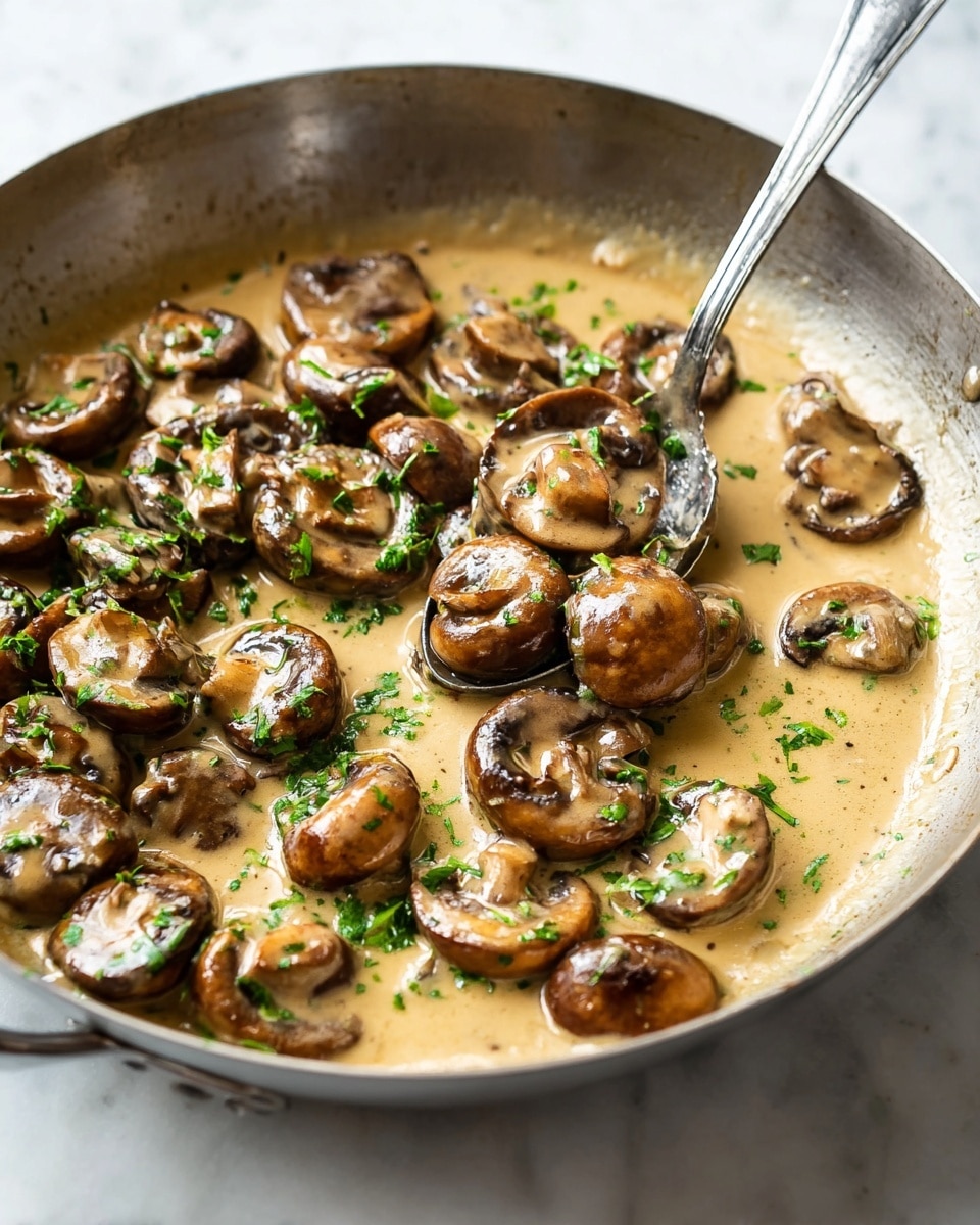 A close-up view of a metal pan filled with around two layers of brown mushrooms in a creamy light tan sauce, sprinkled with small pieces of green herbs on top. The mushrooms have a glossy, slightly cooked texture and appear soft, while the sauce surrounds them with a smooth consistency. A silver spoon is scooping some mushrooms and sauce from the right side of the pan, the pan is resting on a white marbled surface. Photo taken with an iphone --ar 4:5 --v 7