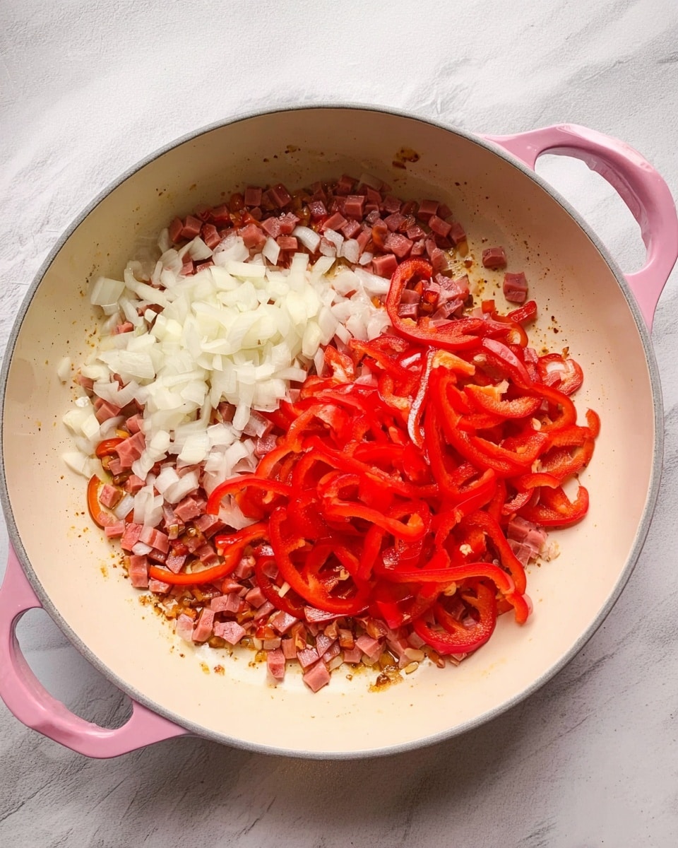 A light beige pan with pink handles is shown from above, placed on a white marbled surface. Inside the pan, there is a layer of small, diced reddish-brown pieces evenly spread around the edges. In the center, there are two more layers: on the left, a pile of chopped white onions with a soft, slightly translucent texture, and on the right, a mound of vibrant red sliced bell peppers, thin and curved. The ingredients are separated but close to each other, cooking in oil which creates a shiny surface on the pieces. Photo taken with an iphone --ar 4:5 --v 7
