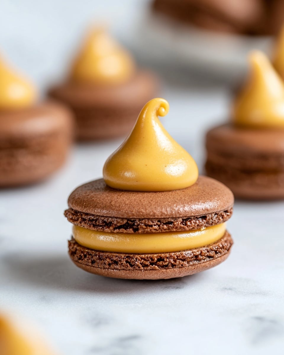 The image shows a close-up of a single layered chocolate macaron with a smooth, textured golden caramel cream dollop on top, shaped like a soft peak with a tiny curl at the tip. The macaron is placed on a white marbled surface, with more macarons blurred softly in the background. The brown color of the macaron contrasts with the bright caramel topping, making the two layers clear and distinct in a simple yet rich composition. photo taken with an iphone --ar 4:5 --v 7
