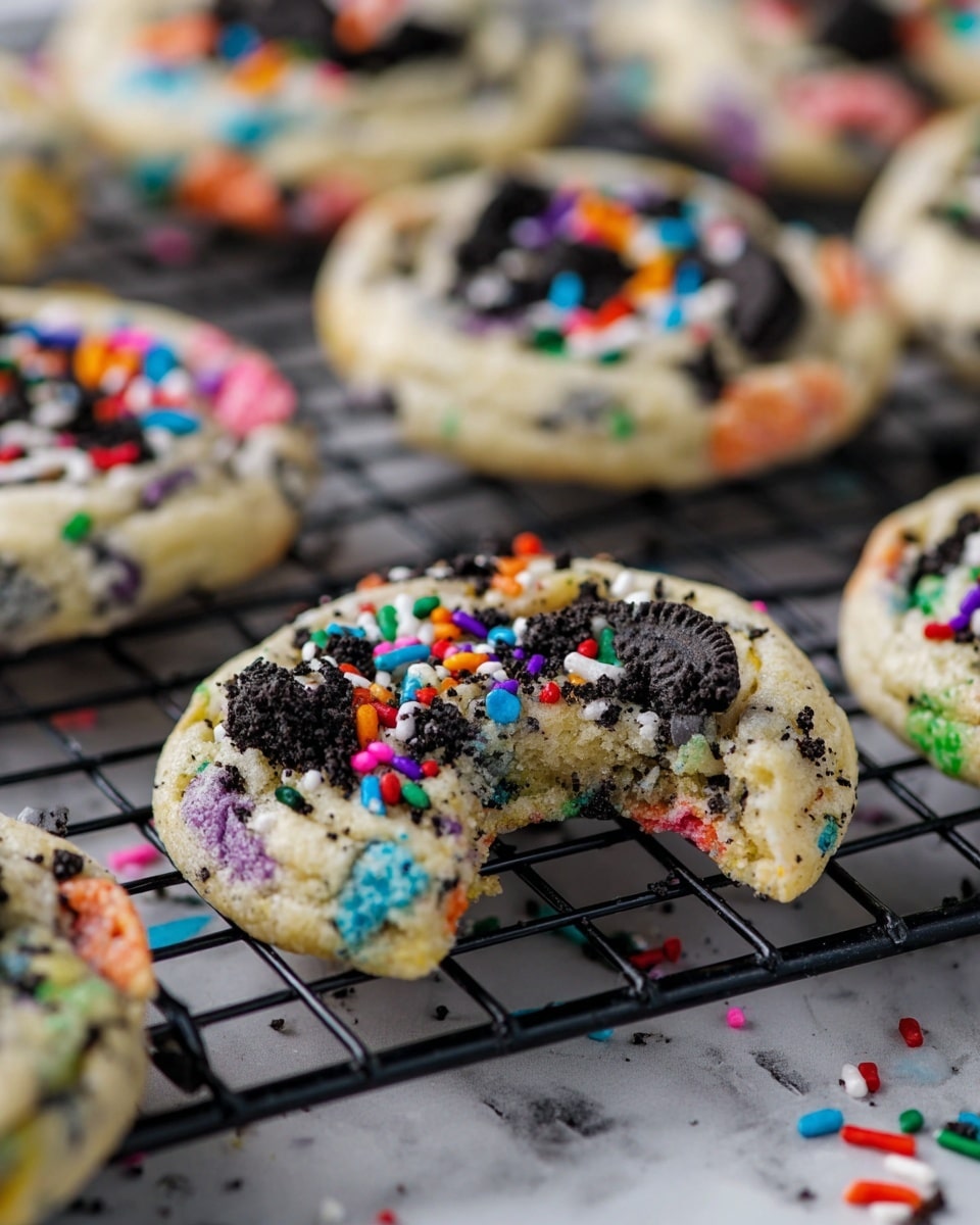 The image shows round cookies on a black cooling rack placed over a white marbled surface. Each cookie has a soft beige base dotted with rainbow-colored cereal bits inside, creating a colorful speckled look throughout. On top of the cookies, there are black cookie crumbles and bright multicolored sprinkles in shades of orange, blue, green, purple, white, red, and yellow, scattered unevenly. One cookie in the center is slightly lifted with a bite taken out, revealing its soft and crumbly texture with visible colorful specks inside. The close-up shot captures the texture of the cookie dough and the vibrant decorations on top clearly. photo taken with an iphone --ar 4:5 --v 7