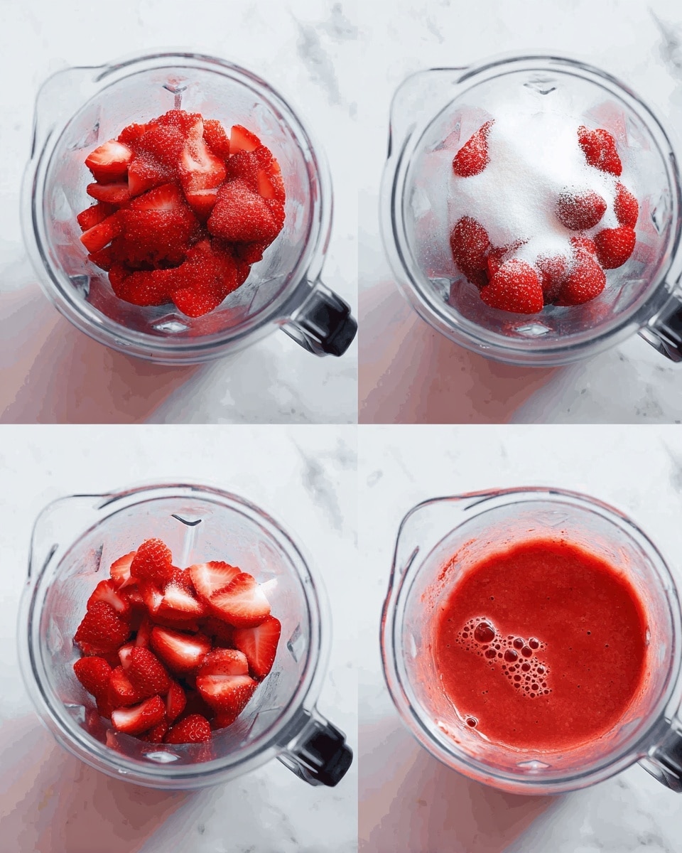 The images show three stages inside a clear blender on a white marbled surface. The first layer is whole and sliced bright red strawberries placed loosely inside the blender bowl. The second layer adds a white, grainy sugar topping over the strawberries, spreading unevenly on top. The third layer shows the strawberries and sugar blended together into a smooth red liquid with small bubbles on the surface filling the blender bowl almost to the top. Photo taken with an iphone --ar 4:5 --v 7