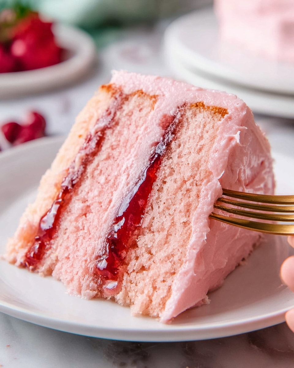 A slice of pink cake with three layers is shown on a white plate over a white marbled surface. The cake has two layers of soft pink sponge cake and two layers of light pink frosting. Between the frosting layers, there is a shiny, dark red jam filling that looks smooth and thick. The outside of the cake slice is covered with the same light pink frosting, which has a creamy and smooth texture with slight swirls. A gold fork with part of a woman's hand holding it is touching the front of the plate. In the blurred background, there are hints of red berries and another white plate. Photo taken with an iphone --ar 4:5 --v 7