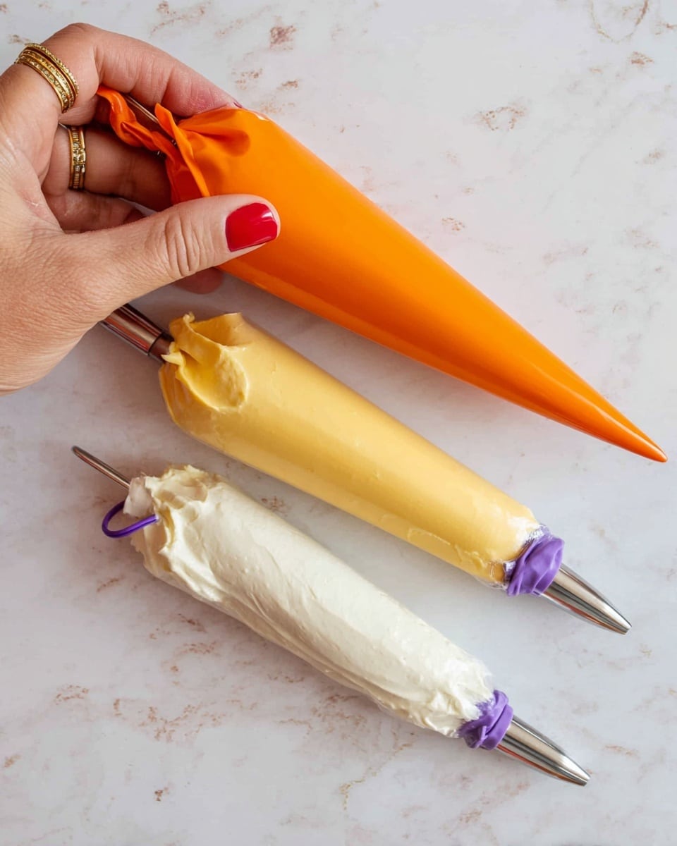 The image shows three piping bags lying on a white marbled surface. The top piping bag is bright orange and is being held by a woman's hand with red nail polish and a gold ring. Below it, there is a second piping bag filled with a pale yellow cream, and the third piping bag at the bottom contains a white cream. Each piping bag has a metal tip for decorating cakes and a purple clip sealing the open end. Photo taken with an iphone --ar 4:5 --v 7