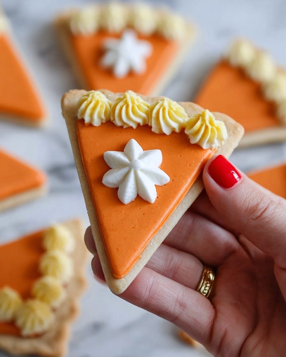 A woman's hand with red nail polish and a gold ring holds a single triangle-shaped cookie designed to look like a slice of pumpkin pie. The cookie has a smooth bright orange top layer representing the pumpkin filling, a light tan crust base, a puffy mustard yellow swirl piped along one crust edge to mimic whipped cream, and a white star-shaped dollop of cream in the center of the orange area. In the background, more of the same cookies are arranged flat on a white marbled surface, slightly out of focus. photo taken with an iphone --ar 4:5 --v 7