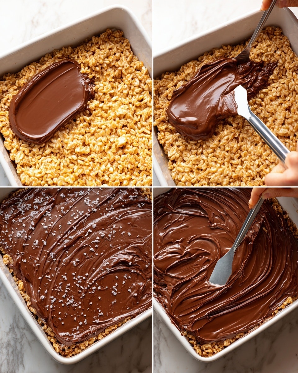 The image shows a white square baking pan filled with a layered dessert in progress on a white marbled surface. The first layer is a thick, golden puffed rice mixture with a sticky, slightly shiny texture filling the pan unevenly. A woman's hand is seen spreading this layer with a silver spreading knife. Next, a smooth, rich dark brown chocolate layer is being spread on top of the rice base by a woman's hand holding the same spreading knife, creating swirled patterns on the chocolate surface. The final image shows the glossy chocolate layer fully spread, sprinkled lightly with coarse sea salt flakes that add texture and contrast to the chocolate's sheen. Photo taken with an iphone --ar 4:5 --v 7