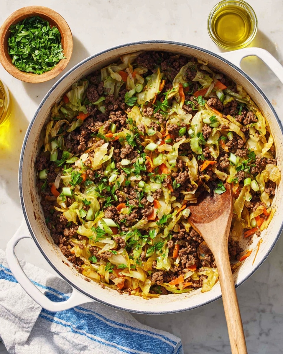 A white pot filled with cooked ground beef that is dark brown and crumbly, mixed with light green cooked cabbage strips that have some soft texture, and thin orange carrot pieces scattered throughout. The dish is topped with small pieces of fresh bright green scallions and flat parsley leaves scattered on the surface. A wooden spoon with a natural light brown tone rests inside the pot, slightly lifting some of the mixture. The pot is on a white marbled surface with a small wooden bowl of fresh parsley and a glass jar with yellow oil visible on the side. A white cloth with blue stripes is placed under one handle of the pot. photo taken with an iphone --ar 4:5 --v 7