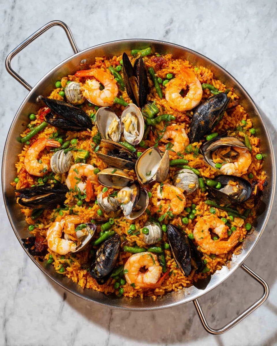 A large silver pan with handles on both sides is filled with a vibrant seafood rice dish. The base layer is orange-yellow rice mixed with small green peas and chopped green beans, giving texture and color variety. On top, there are several big shrimp, pink and curled, evenly placed around the pan. Black mussels and open gray clams with white interiors are scattered on the rice, adding contrast. The dish looks rich and colorful with the mix of orange rice, green vegetables, and seafood. The background is a white marbled surface photo taken with an iphone --ar 4:5 --v 7