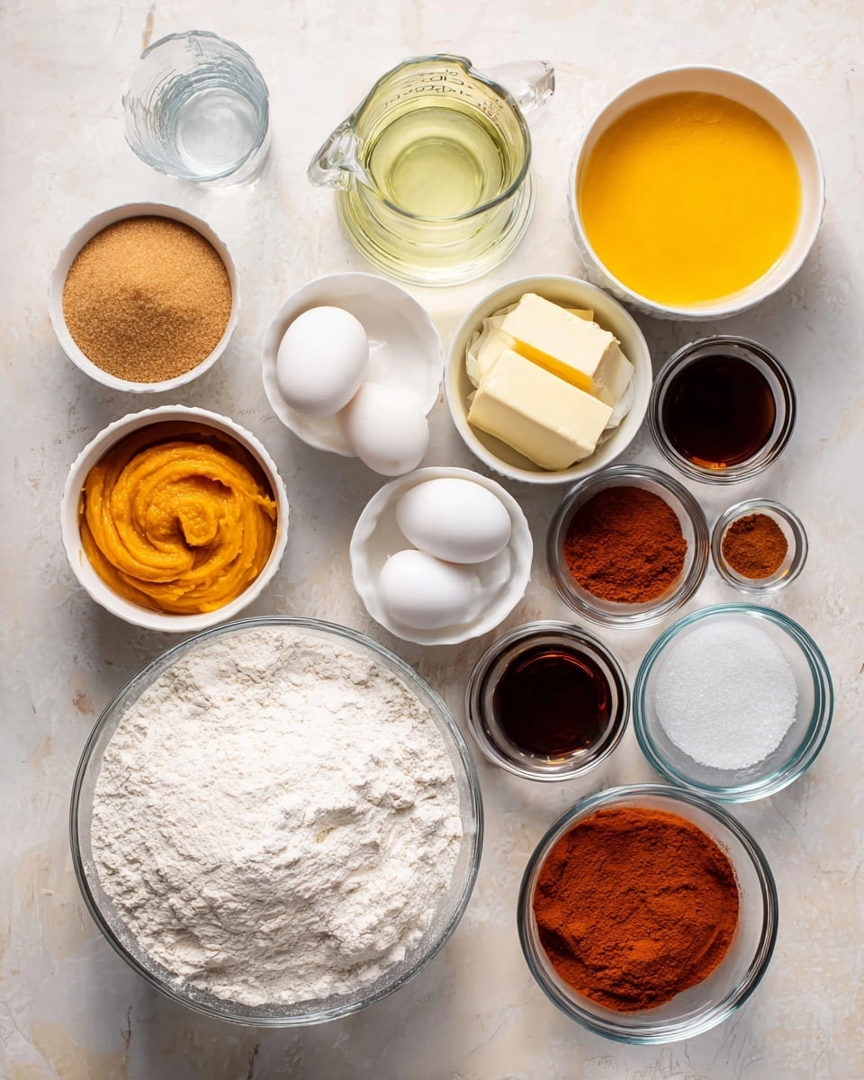 A top view of various baking ingredients placed neatly on a light surface with a white marbled texture. There are multiple white bowls filled with different items including light brown sugar, melted yellow butter, pumpkin puree with a smooth orange texture, and white granulated sugar. A glass measuring jug holds a pale yellow liquid, likely oil, and a smaller glass container holds clear water. Four whole white eggs rest near the center. There is a silver container with baking powder or soda, small metal bowls with different spices colored dark brown and orange, and a stick of wrapped butter. A large clear glass bowl holds a mound of white flour, and there is also some dark vanilla extract in a small container. Everything is arranged in a clean, organized way on the white marbled surface. Photo taken with an iphone --ar 4:5 --v 7