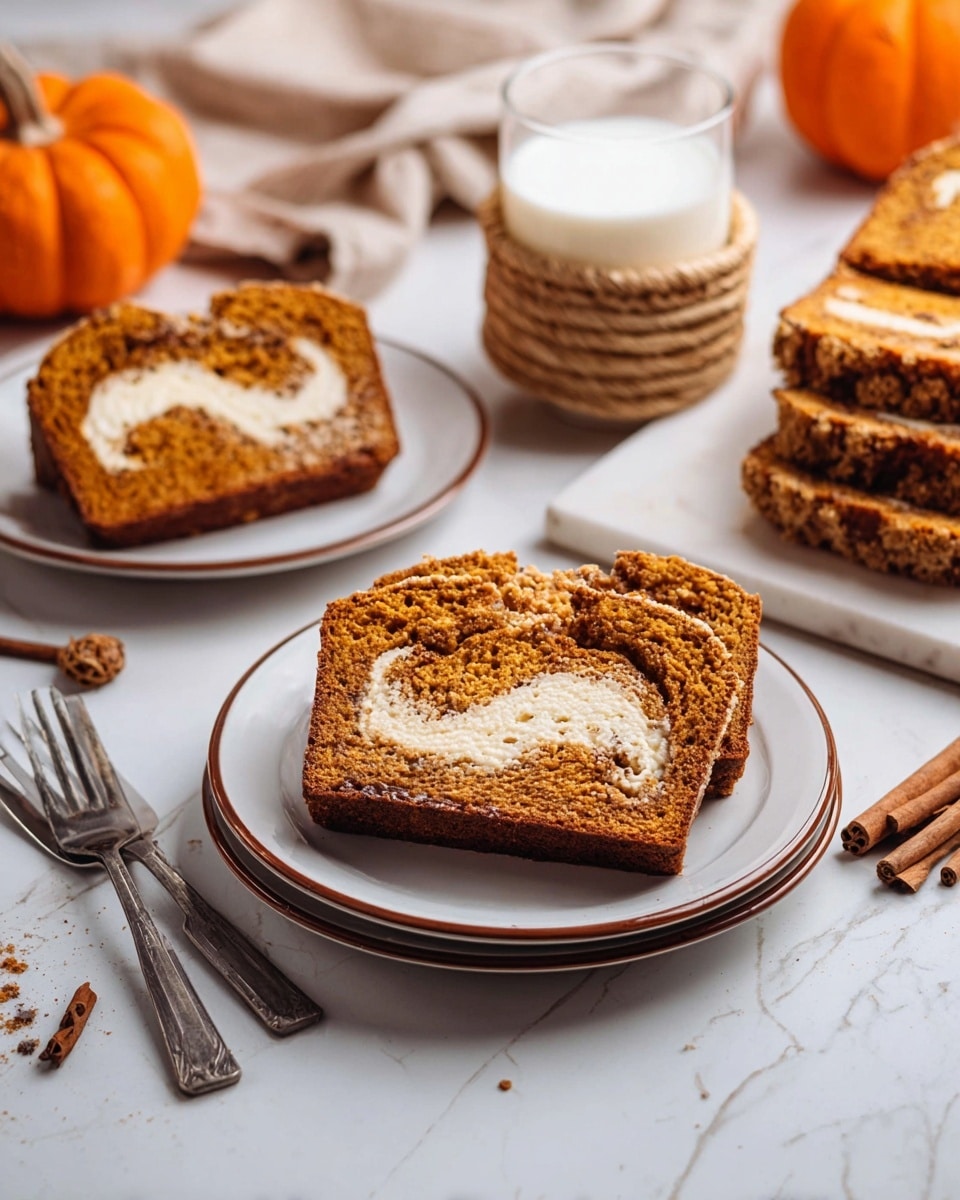 The image shows two slices of pumpkin bread with a crumbly top layer and a creamy white swirl in the center, placed on a white plate with a brown rim on a white marbled surface. Behind it, there is a stack of three more slices on another white plate with a brown rim. To the right, more slices of the same bread sit on a white marble cutting board. In the middle, a glass of milk wrapped in a light woven holder stands between two silver forks. There are cinnamon sticks, whole cloves, and nutmeg scattered near the plates, and a small orange pumpkin is visible in the background. The scene is softly lit and cozy. photo taken with an iphone --ar 4:5 --v 7