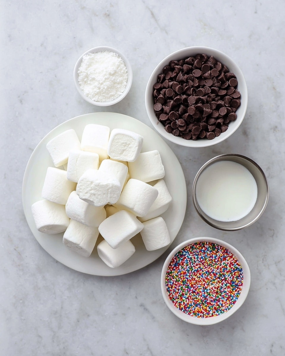 A white plate piled with large, soft white marshmallows sits in front, with a white bowl filled with dark brown chocolate chips above it, to the right is a small silver container holding white, solid coconut oil, and to the left below is a white bowl filled with colorful tiny round sprinkles, all arranged on a white marbled surface photo taken with an iphone --ar 4:5 --v 7