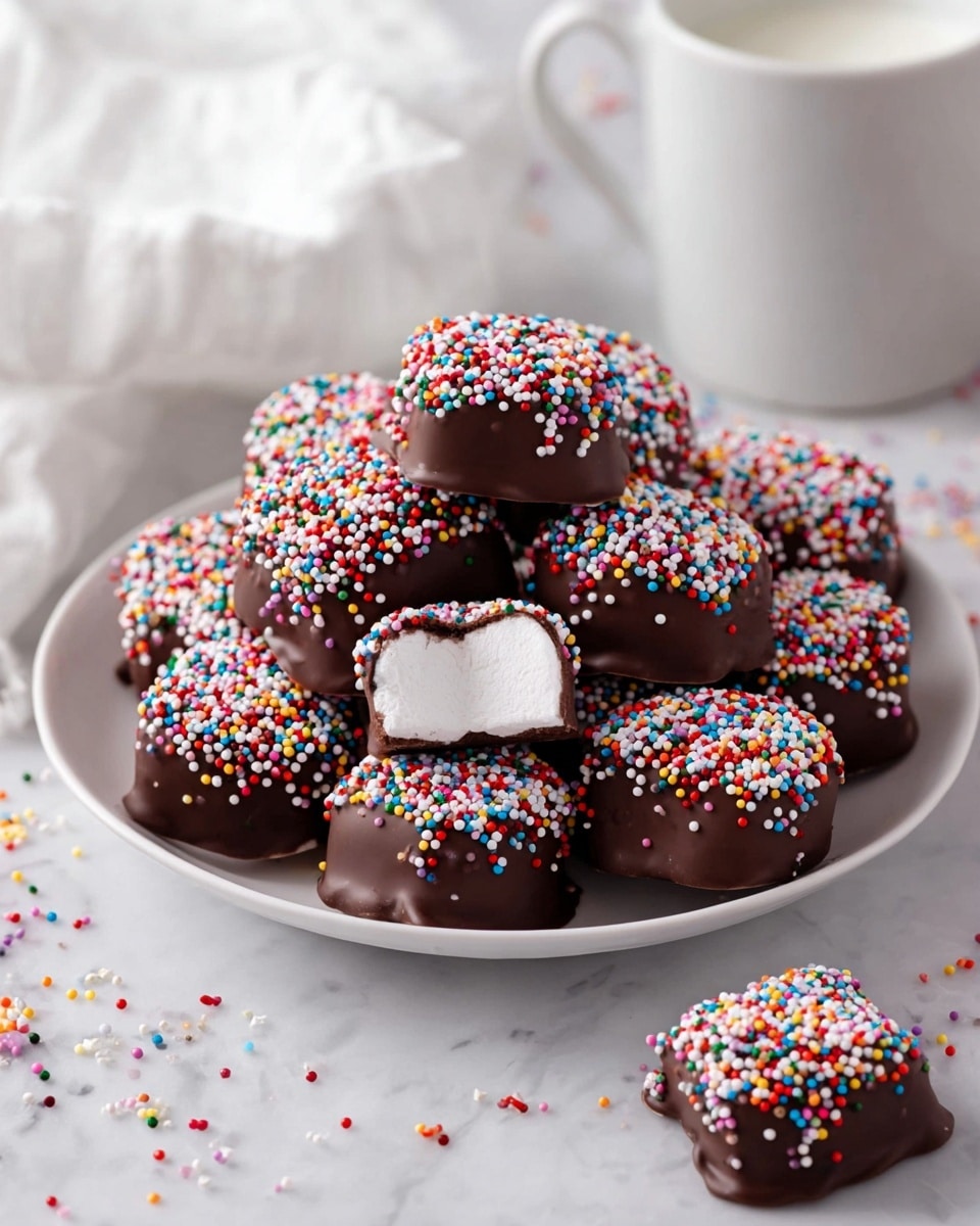 A white plate is full of round marshmallows dipped in smooth dark chocolate that covers each one evenly. On top of the chocolate is a thick layer of small, round colorful sprinkles in red, white, blue, green, yellow, pink, orange, and purple. The marshmallows form a neat pile in the center of the plate, with one cut open showing the white soft inside under the chocolate shell. Around the plate, a few sprinkles are scattered on a white marbled surface. In the background, a partially filled clear glass of milk and a white mug are blurred out, adding a cozy feel to the scene. Photo taken with an iphone --ar 4:5 --v 7