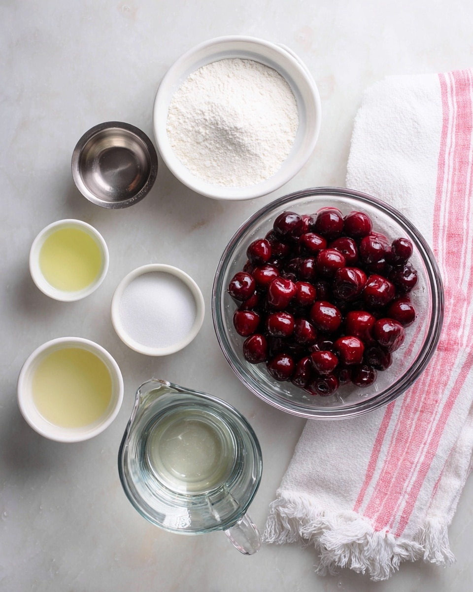 A top view of six small containers on a white marbled surface, arranged loosely in a square shape with a folded kitchen towel in the top right corner. In the bottom right is a clear glass bowl filled with dark red pitted cherries, shiny and dense. Above it and slightly left is a white bowl filled with fine granulated sugar, bright white and smooth. To the left of the sugar bowl is a small metal container holding a pale yellow liquid, likely lemon juice. Above it is a small silver cup with a clear liquid, possibly vanilla or another extract. To the upper left of that is a white bowl containing a white powdery mix, maybe flour or cornstarch. In the center near the top is a glass measuring cup filled with clear water, showing transparent and reflective surfaces. A white kitchen towel with pink stripes and fringes lies on the top right. Photo taken with an iphone --ar 4:5 --v 7