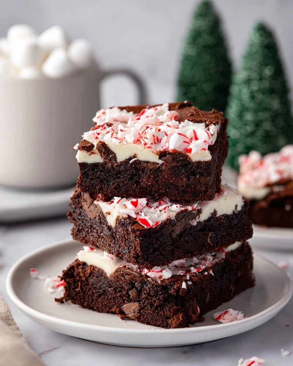 A stack of three thick, dark brown brownies sits on a white plate with a white marbled texture underneath. Each brownie has a visible layer of chocolate inside and is topped with a layer of white frosting streaked with red, with pieces of crushed peppermint candy sprinkled on top. In the background, there is a blurred white mug filled with mini marshmallows, and two green textured objects resembling small trees add to the festive feel. The brownies look moist and rich, and the frosting contrasts brightly with the dark baked layers. Photo taken with an iphone --ar 4:5 --v 7