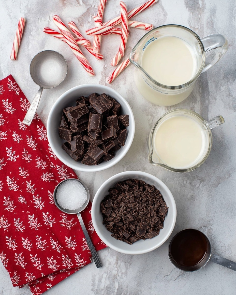 The image shows two white bowls filled with chunks of dark chocolate placed side by side on a white marbled surface. Next to them are two clear glass measuring jugs filled with white milk, one larger and one smaller. Below these are a third glass jug containing light cream. Around these items are several red and white striped candy canes spread out, a small metal cup with a dark liquid, and a metal spoon with salt. A folded red kitchen cloth decorated with white Christmas tree designs is at the bottom left corner. The photo taken with an iphone --ar 4:5 --v 7