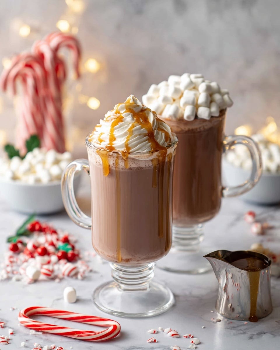 Two tall clear glass mugs sit on a white marbled surface, each filled with light brown hot chocolate. The front mug has a tall swirl of white whipped cream on top, drizzled with caramel sauce. The second mug behind it is topped with a thick pile of small white marshmallows. Around the mugs are festive items including red and white striped candy canes, extra white marshmallows scattered on the surface, and two white bowls in the background filled with marshmallows and crushed candy canes. A small silver pitcher with caramel sauce is placed near the front mug. Photo taken with an iphone --ar 4:5 --v 7