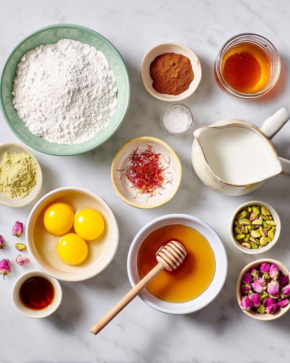 The image shows many small white bowls with different colorful ingredients on a white marbled surface. There are six bright yellow egg yolks in a white bowl on the bottom left. Above it is a large white bowl filled with white powdery ingredient, possibly sugar or flour. Around it are small white bowls with reddish saffron threads, brown powder, and pink salt. On the right side, there is a glass jar of white cream, a white pitcher with more cream or milk, and a white bowl with chopped pistachios. Near the bottom center is a white bowl filled with amber honey and a wooden honey dipper. There is also a white bowl with small pink dried rose buds and a small bowl with dark amber liquid, likely vanilla or syrup. Photo taken with an iphone --ar 4:5 --v 7