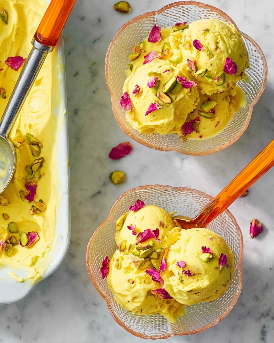 Two clear glass bowls with scalloped edges hold three scoops each of bright yellow ice cream with a creamy, soft texture. The ice cream is garnished on top with green pistachio nuts and small, vibrant pink rose petals. One bowl has an orange-handled spoon resting inside it. To the upper left, a metal scoop lies in a white dish filled with more of the same yellow ice cream, dotted with pistachios and rose petals. All items are set on a white marbled surface. Photo taken with an iphone --ar 4:5 --v 7