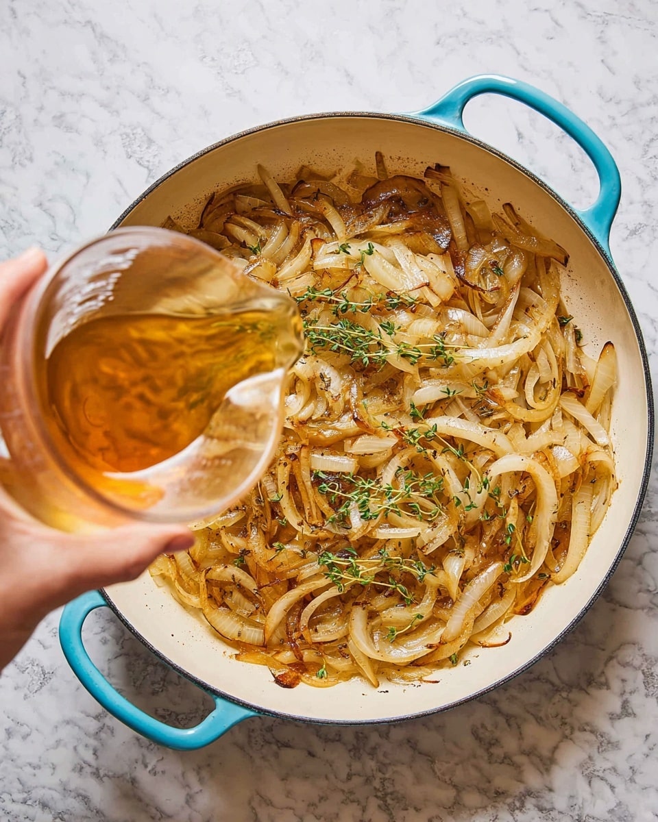 A white pan with light blue handles holds two layers of food: the bottom layer is sliced onions that are golden brown and caramelized, evenly spread across the pan, and small green thyme leaves are scattered on top, adding a touch of color. A woman's hand is pouring a clear, light brown liquid from a glass measuring cup over the onions. The pan rests on a white marbled surface. photo taken with an iphone --ar 4:5 --v 7