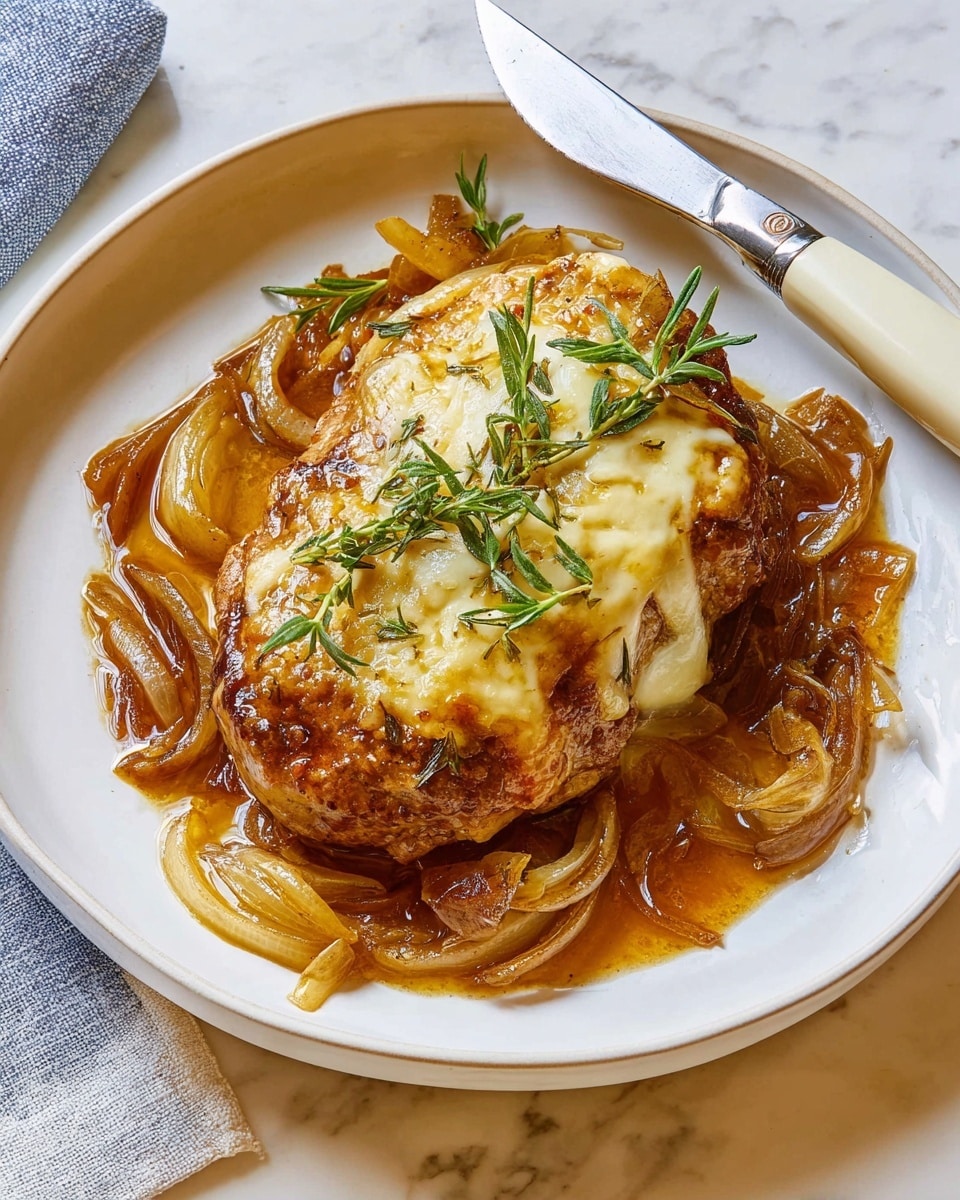 A cooked golden brown piece of meat sits in the middle of a white plate, covered with a light melted cheese layer on top. Surrounding the meat are soft caramelized onion slices in a glossy brown sauce that spreads out from the meat to the edges of the plate. Fresh green herb sprigs are placed on the cheese and onions for garnish. A white-handled knife rests diagonally against the side of the plate, which is set on a white marbled surface. Photo taken with an iphone --ar 4:5 --v 7