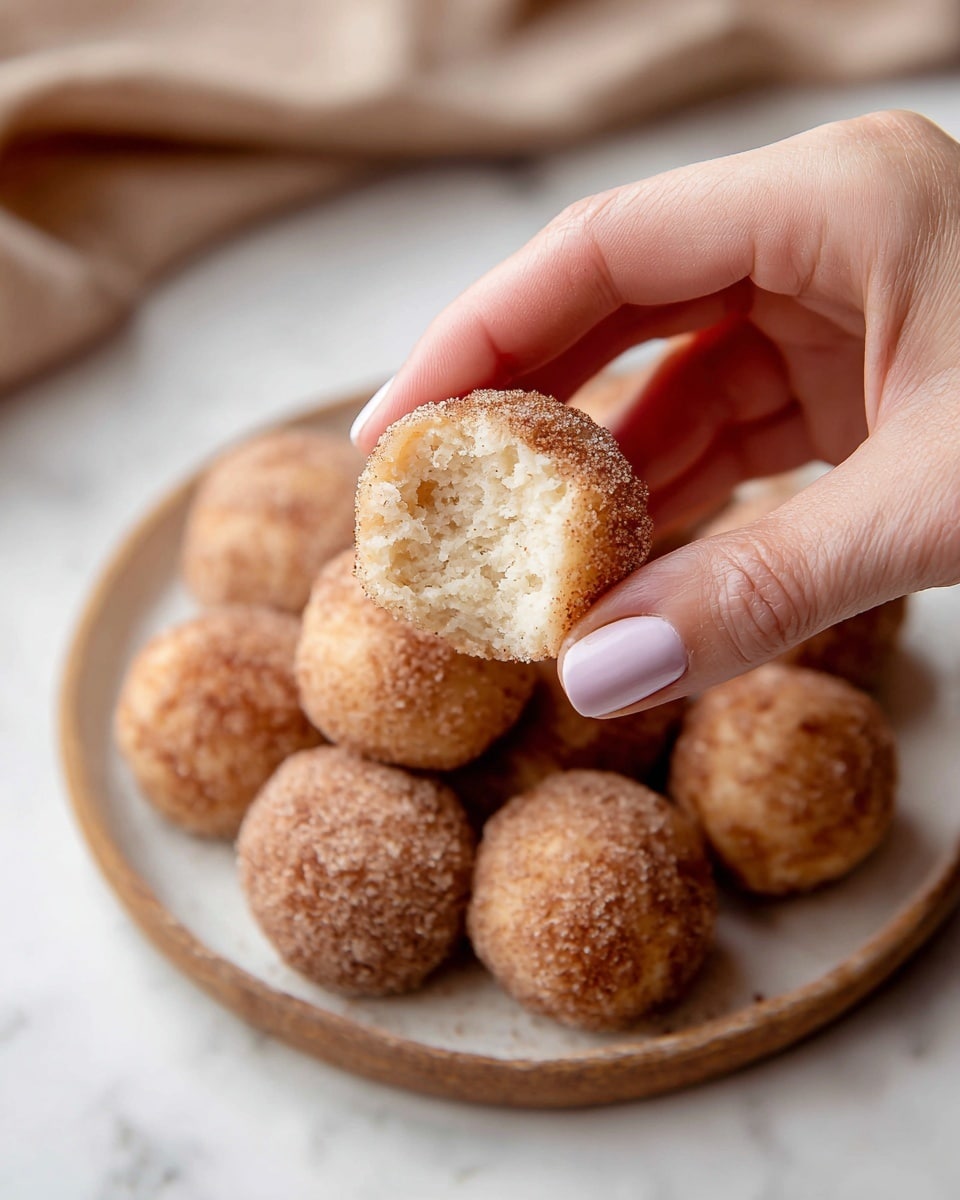 There is a pyramid of twelve round balls that look like doughnuts or pastries, covered in a rough layer of cinnamon sugar, giving them a light brown, sandy texture. They are placed tightly together on a white plate with a light wooden rim, and the plate is on a wooden surface. The background is dark and blurred, with a small jar visible on the right side. The image is focused on the balls, showing their grainy sugar coating clearly. photo taken with an iphone --ar 4:5 --v 7
