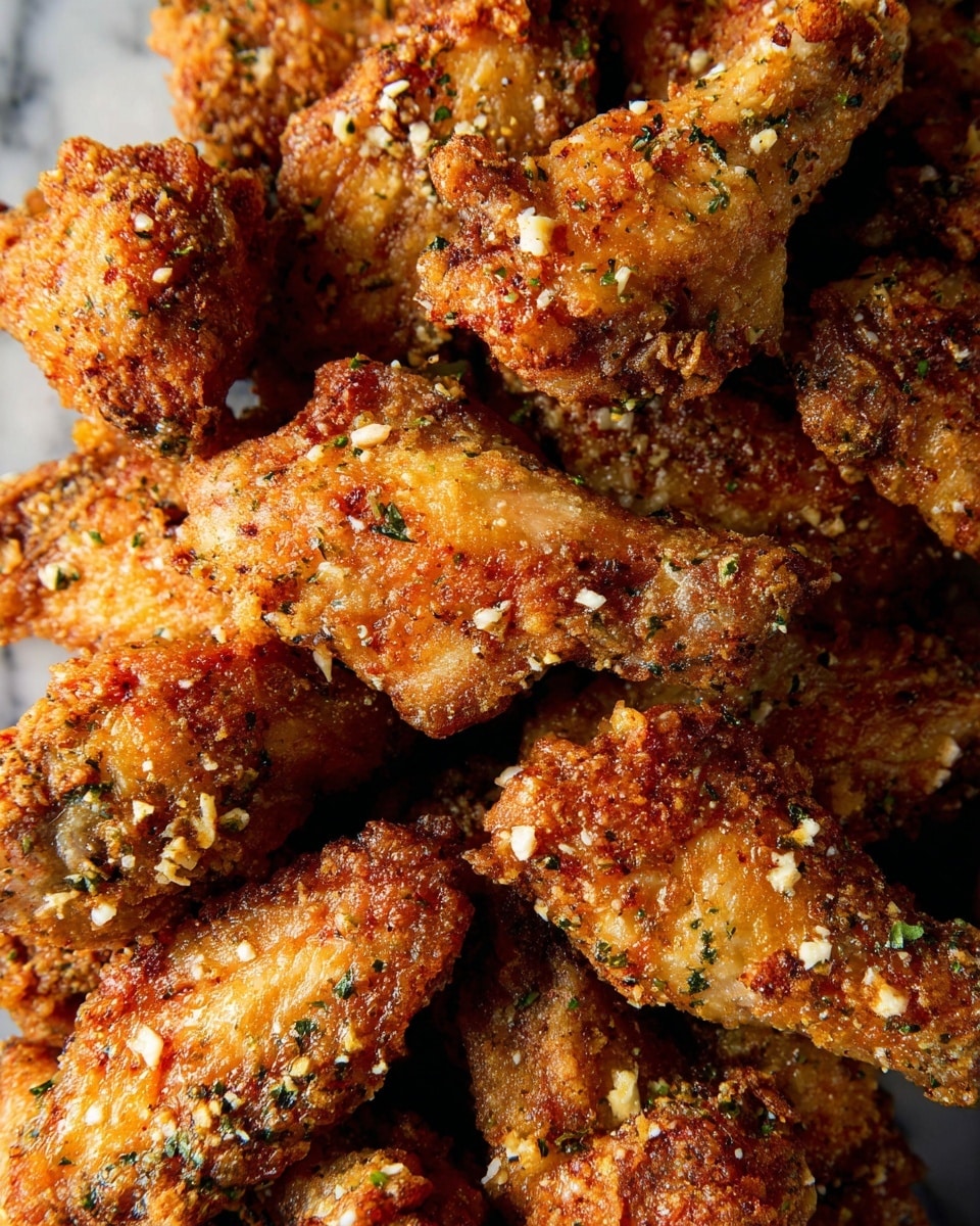 A close-up view shows many pieces of fried chicken wings piled together, each wing covered with a crispy golden-brown crust. The wings are sprinkled with small white and green bits, which look like garlic and herbs, giving a textured and flavorful appearance. The skin looks crunchy with a slight shine, showing hints of seasoning and spices on the surface. The background is a white marbled texture that contrasts well with the warm tones of the chicken. photo taken with an iphone --ar 4:5 --v 7