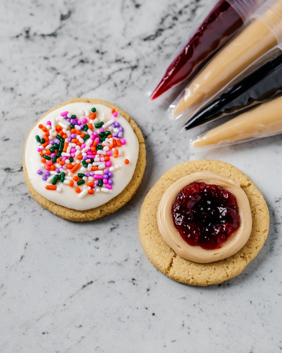 The image shows two small round cookies on a white marbled surface. The cookie on the left has a top layer of white icing with a smooth but slightly uneven texture and colorful rainbow sprinkles scattered on it. The cookie on the right has two layers: the bottom layer is a light brown cookie base, and the top layer is beige frosting spread in a smooth circular shape with a dollop of glossy dark red jam in the center. Above the cookies are two piping bags with frosting or jam, one with beige frosting and the other with the dark red jam. photo taken with an iphone --ar 4:5 --v 7