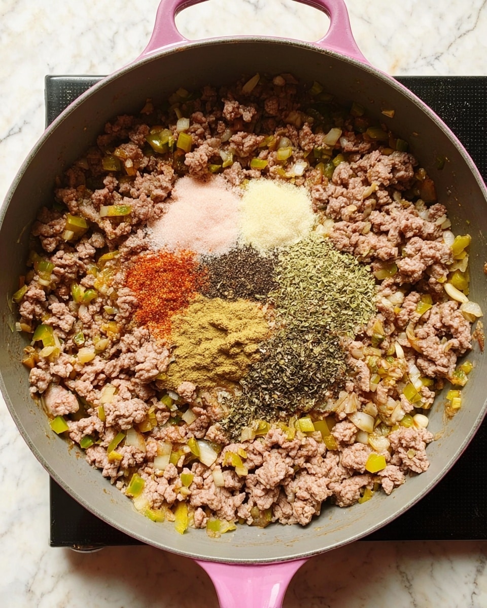A light gray pan with pink handles sits on a black stove with a white marbled texture underneath. Inside the pan is a mixture of ground meat with small pieces of yellow and green bell peppers and translucent cooked onions, creating a soft, uneven texture. On top of the mixture are five piles of seasonings: finely chopped pale yellow garlic in the center, to the right a heap of light green dried herbs, above that a dark gray pile of ground black pepper, below the garlic a small mound of white salt, and to the left of the garlic a dark red spice, all resting on the meat and veggie base. Photo taken with an iphone --ar 4:5 --v 7