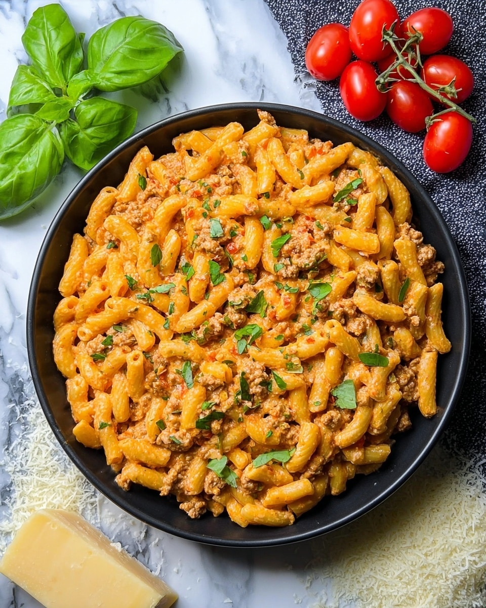 A close-up view of a round white plate full of penne pasta mixed with a thick, creamy orange sauce that contains ground meat and small green herb leaves scattered on top. The pasta layer fills the plate evenly and shows a smooth but chunky texture. Around the plate, there is a wedge of hard yellow cheese, six small bright red tomatoes, and fresh green basil leaves, all placed on a white marbled surface. Photo taken with an iphone --ar 4:5 --v 7