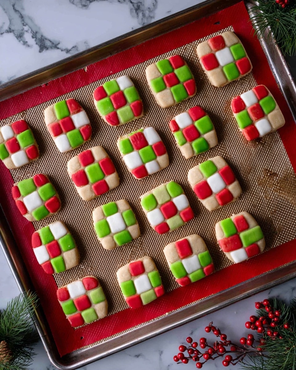 The image shows a baking tray with a silicone mat holding fifteen square checkerboard cookies. Each cookie is made up of four rows and four columns, alternating red, green, and natural cookie dough colors, forming a red, white, and green checker pattern. The edges of the cookies are smooth and slightly rounded, and the colors appear solid and bright. The tray rests on a white marbled surface with some pine branches and red berries around the bottom right corner, adding a festive touch. Photo taken with an iphone --ar 4:5 --v 7
