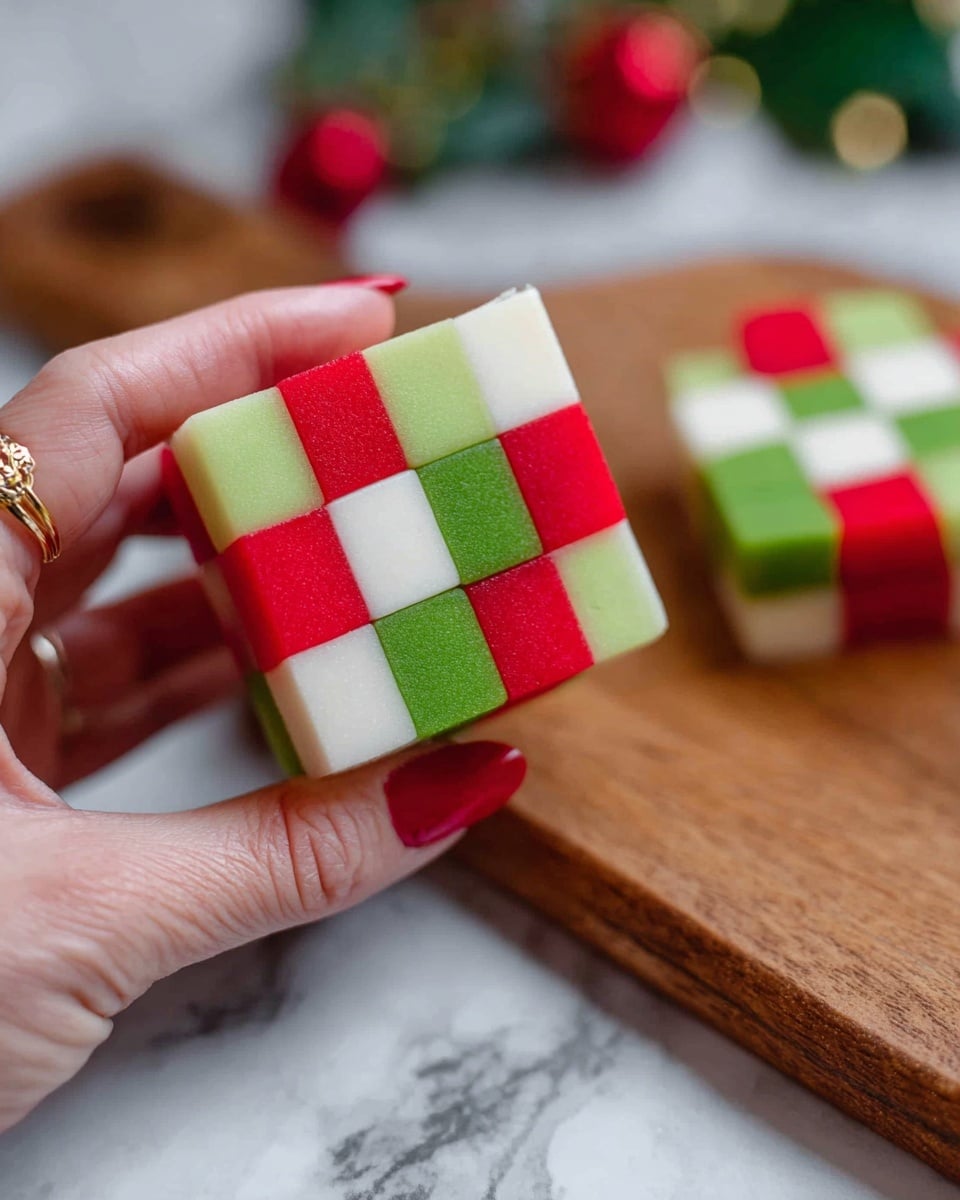 A woman's hand with red nail polish and a gold ring is holding a small square block made of three layers, arranged in a checkerboard pattern of red, green, and white colors. The block has nine smaller squares, each neatly alternating the colors. The block is resting on a wooden cutting board, and in the background, there is another similar checkerboard block. The image is set on a white marbled surface with some blurred green and red decorations around. photo taken with an iphone --ar 4:5 --v 7