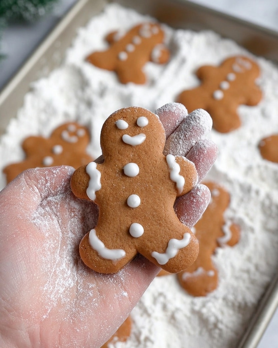 A close-up view of a small gingerbread cookie shaped like a person, held gently by a woman's hand covered in white flour. The cookie is light brown with three small white icing buttons down the center and white icing zigzags decorating the head, arms, and legs edges. The background shows a tray filled with a thick layer of white flour, with several similar gingerbread cookies scattered partially covered by the flour, all resting on a white marbled surface. photo taken with an iphone --ar 4:5 --v 7