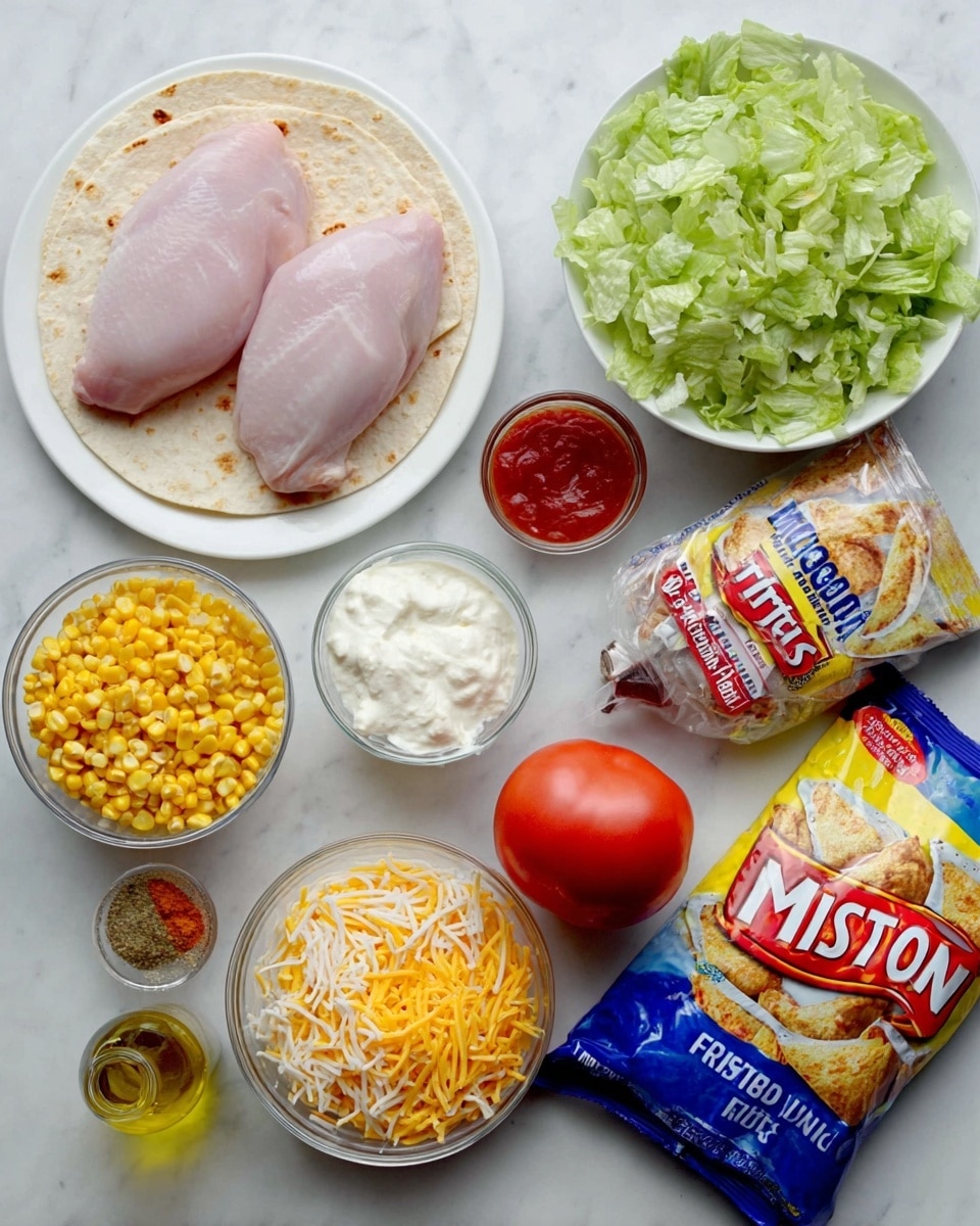The image shows various ingredients placed on a white marbled surface, ready for making a dish. There are two raw chicken pieces on a white plate, a small bowl of chopped green lettuce, a sealed bag of Mission Wraps tortillas, and a packet of Fritos chips. Nearby are small bowls containing yellow corn kernels, red salsa sauce, white sour cream, shredded orange and white cheese mix, and a few spices including chili powder. A single red tomato and a small glass of olive oil are also visible, all arranged neatly in a bright and clean setting. Photo taken with an iphone --ar 4:5 --v 7
