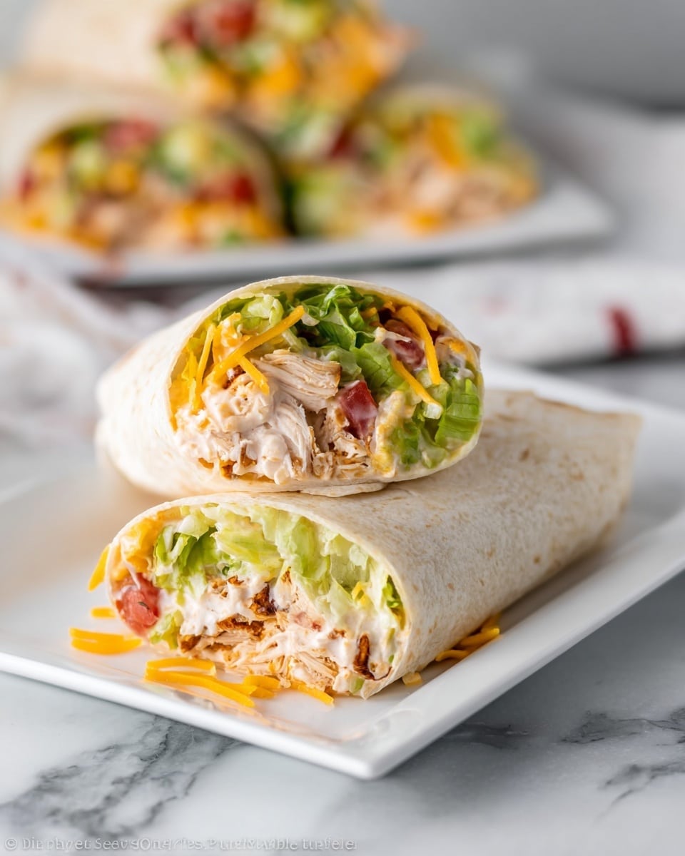 The image shows two burrito halves on a white rectangular plate placed on a white marbled surface. The burrito layers are visible: a soft beige tortilla wrap on the outside, followed by a filling of green lettuce, red tomato pieces, light beige grilled chicken, and shredded orange cheddar cheese, all mixed with a creamy white sauce. The burritos look fresh and well-packed, with finely chopped ingredients clearly seen inside. In the blurry background, there are more burrito pieces on a white plate, all on the same white marbled surface. photo taken with an iphone --ar 4:5 --v 7