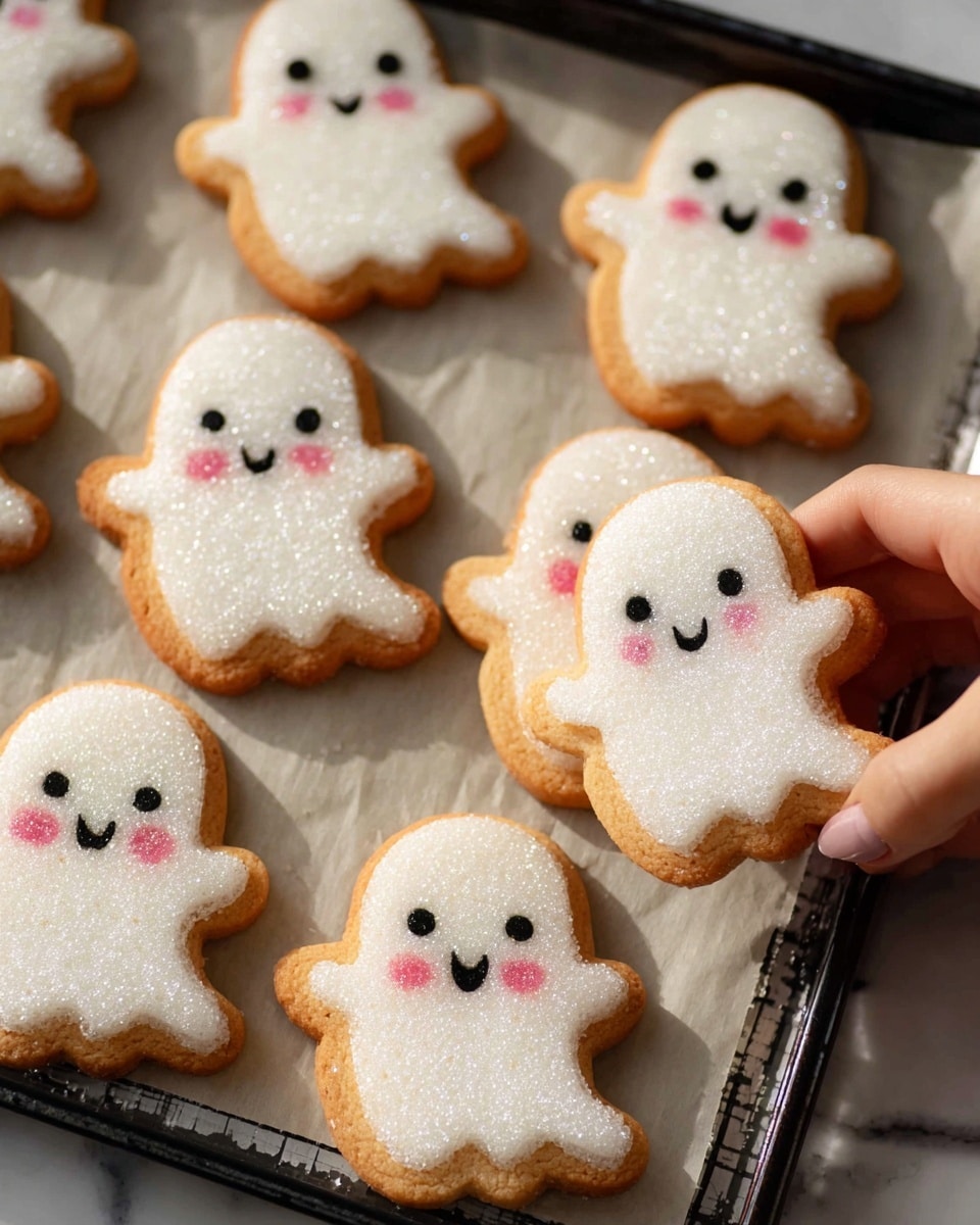 The image shows a tray with several ghost-shaped cookies. Each cookie has two layers: a base layer of light brown baked dough, topped with a layer of white sugar coating giving a sparkly texture. The ghost shapes have rounded tops and wavy bottoms with small arms on the sides. Each cookie is decorated with small black eyes and a little curved black mouth, along with two pink round cheeks on either side of the face. The cookies sit on a parchment-lined baking tray with a black metal edge. A woman's hand is gently holding one cookie at the corner of the tray. The background surface is replaced with a white marbled texture. Photo taken with an iphone --ar 4:5 --v 7