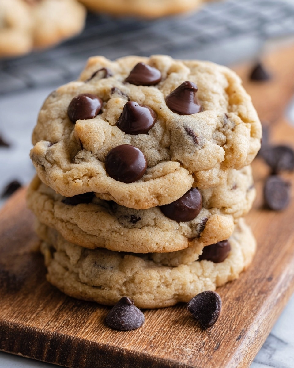 A close-up view of a stack of four thick, soft chocolate chip cookies with a light golden-brown color, each cookie dotted with several large, shiny dark brown chocolate chips, resting on a textured wooden board with a few loose chocolate chips scattered nearby, all placed on a white marbled surface in the background, photo taken with an iphone --ar 4:5 --v 7