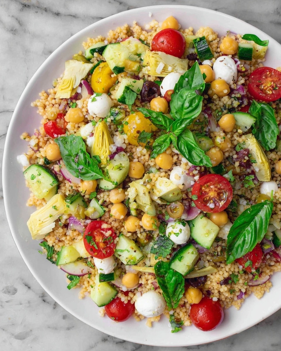 A white plate holds a colorful salad with multiple layers starting with small, round, light beige couscous grains as the base. Mixed in are bright yellow chickpeas, halved red cherry tomatoes, and diced green cucumber pieces. There are also slices of pale yellow artichoke hearts, small white mozzarella balls, thinly chopped red onion, and scattered black olive bits. Fresh green basil leaves, both chopped and whole, are spread on top, adding vibrant green color and texture. The dish sits on a white marbled surface. photo taken with an iphone --ar 4:5 --v 7