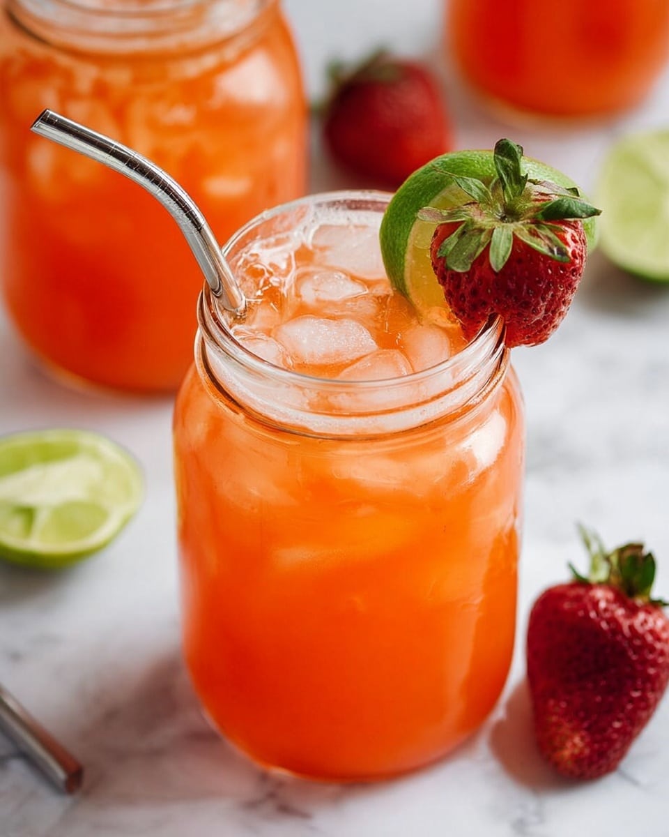 A tall clear glass filled with orange juice and crushed ice showing a frothy top layer, garnished with a green lime slice and a red strawberry with green leaves resting on the rim, a metal straw is partially submerged in the drink, all set against a white marbled surface with blurred strawberries in the background photo taken with an iphone --ar 4:5 --v 7