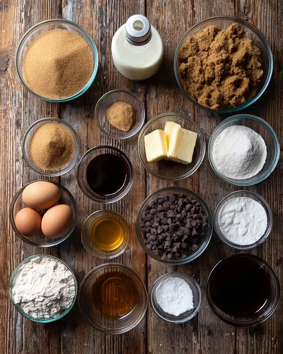 The image shows an arrangement of 13 clear glass bowls and one white bowl filled with different baking ingredients on a wooden surface. The bowls are placed in a neat grid pattern. From left to right, top to bottom, there are light brown sugar, a smaller portion of light brown sugar, a larger bowl with packed light brown sugar, a white bowl with melted butter, a small bottle with a white cap, dark liquid in a clear bowl, a medium-sized bowl with light brown sugar, a bowl full of semi-sweet dark chocolate chips, a small bowl with honey-colored liquid, a tiny bowl with salt, a tiny bowl with dark liquid, a bowl with brown eggs, a small bowl of white granulated sugar, a small bowl of light powder (likely baking powder), a bowl with thick dark syrup, and a white bowl filled with white flour. The clear glass bowls reveal the texture and color of each ingredient clearly. The color contrast among the sugar, chocolate chips, eggs, and flour adds to the visual harmony of the layout. The setting is on a rustic wooden surface. photo taken with an iphone --ar 4:5 --v 7